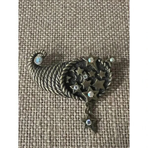 VINTAGE Signed DD Pin Brooch AB Rhinestones in Stars Cornucopia Estate Dangle